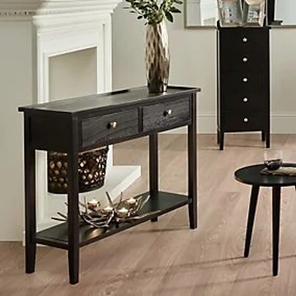 BOXED PACIFIC CHELMSFORD CONSOLE TABLE, BLACK PAINTED PINE (1 BOX)