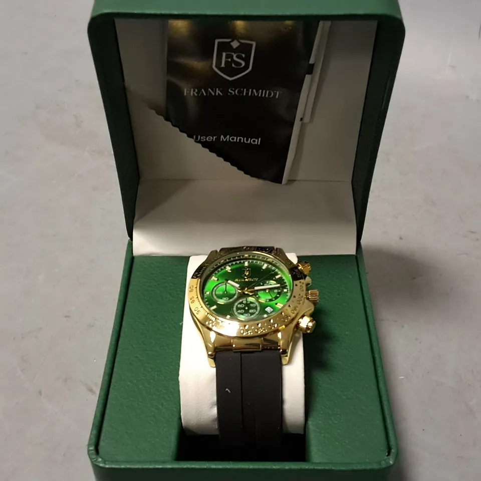 FRANK SCHMIDT STAINLESS STEEL GREEN FACED WATCH WITH BLACK RUBBER STRAP