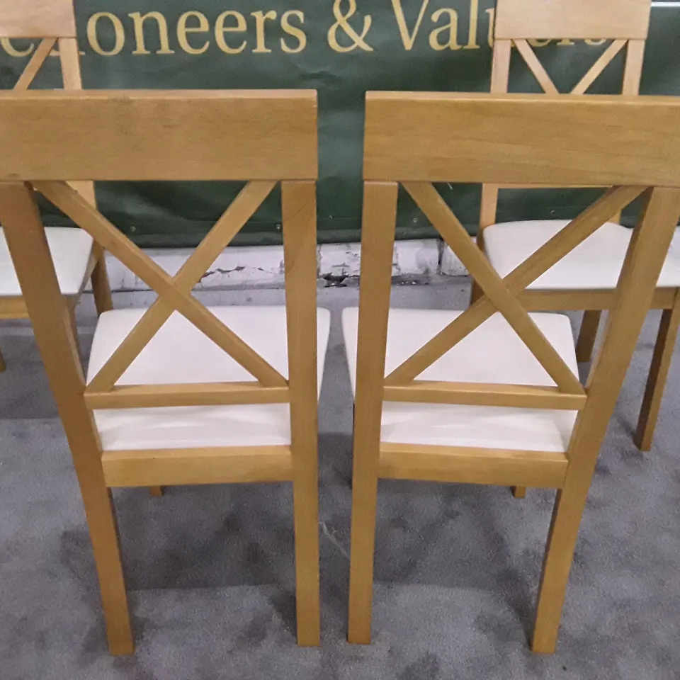 SET OF 4 KENDAL OAK DINING CHAIRS (CREAM LEATHER SEAT PADS)
