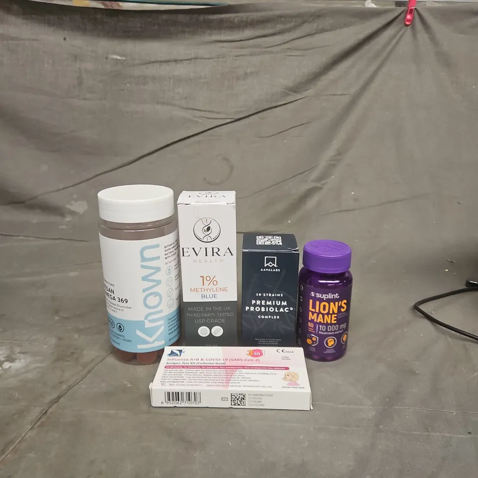 TOTE OF APPROXIMATELY 20 ASSORTED HEALTHCARE PRODUCTS TO INCLUDE EVIRA HEALTH 1% METHYLENE BLUE - COVID SELF TEST AND KNOWN VEGAN OMEGA 369