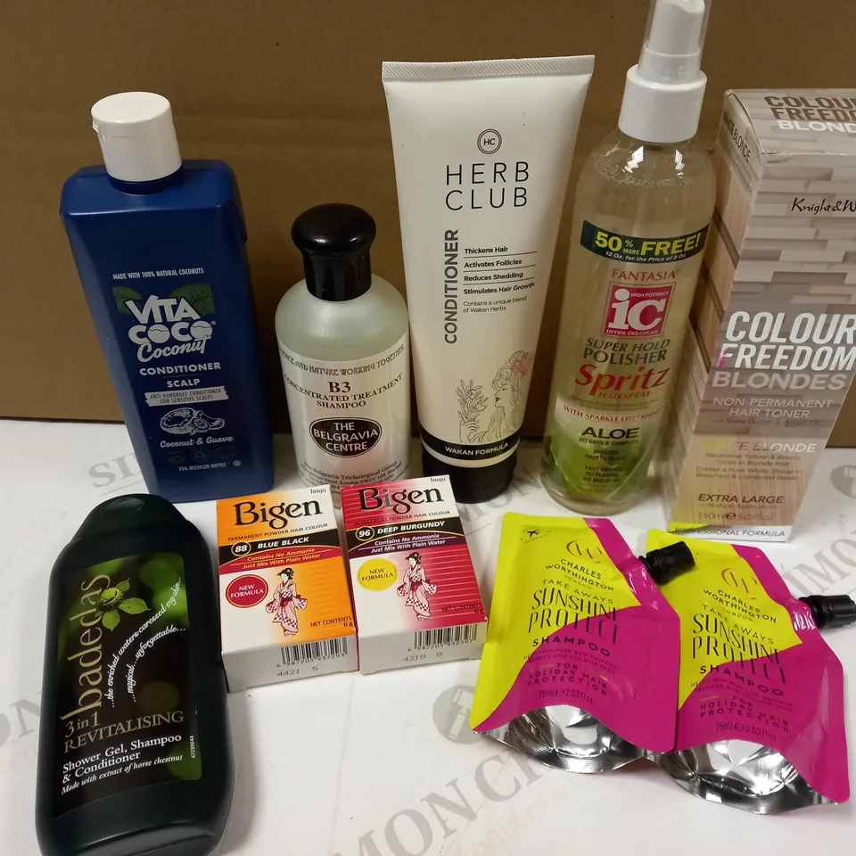 BOX OF APPROX 20 HAIR CARE ITEMS TO INCLUDE HERB CLUB CONDITIONER, BIGEN HAIR COLOUR POWDER, VITACOCO CONDTIONER