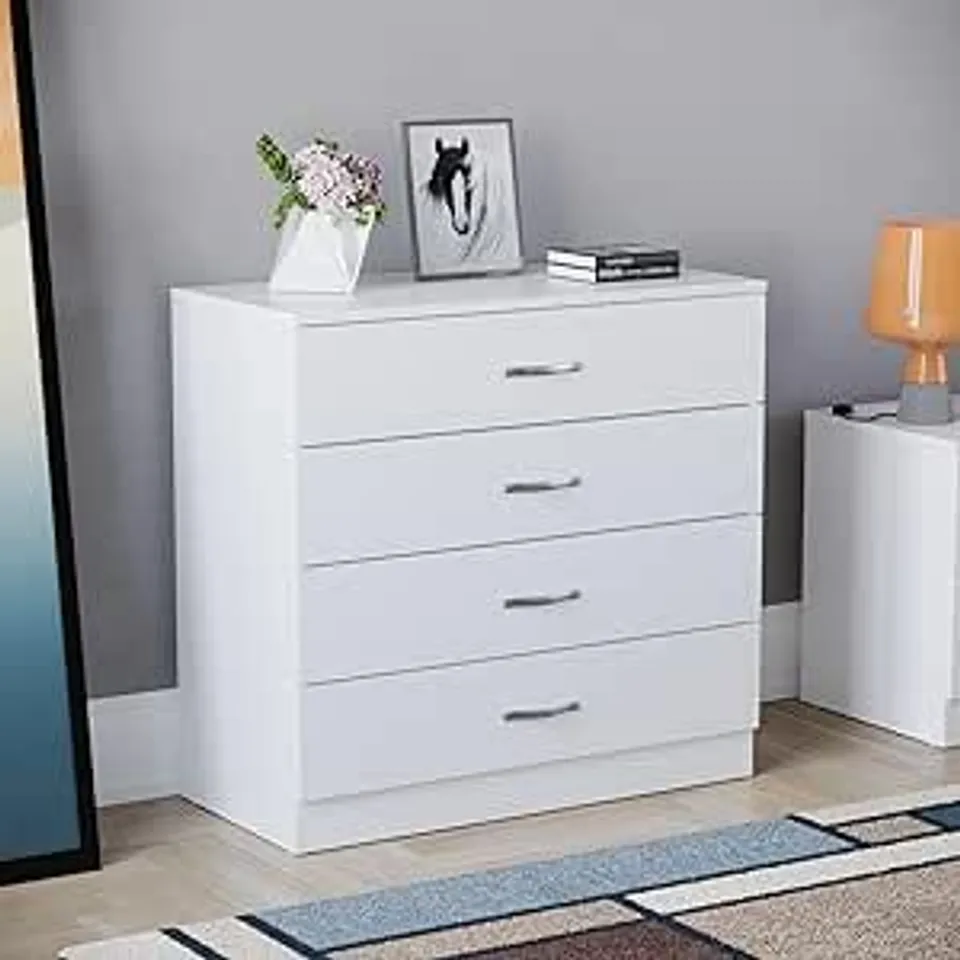 RIANO CHEST OF DRAWERS WHITE 4 DRAWER METAL HANDLES RUNNERS BEDROOM FURNITURE (1 BOX)