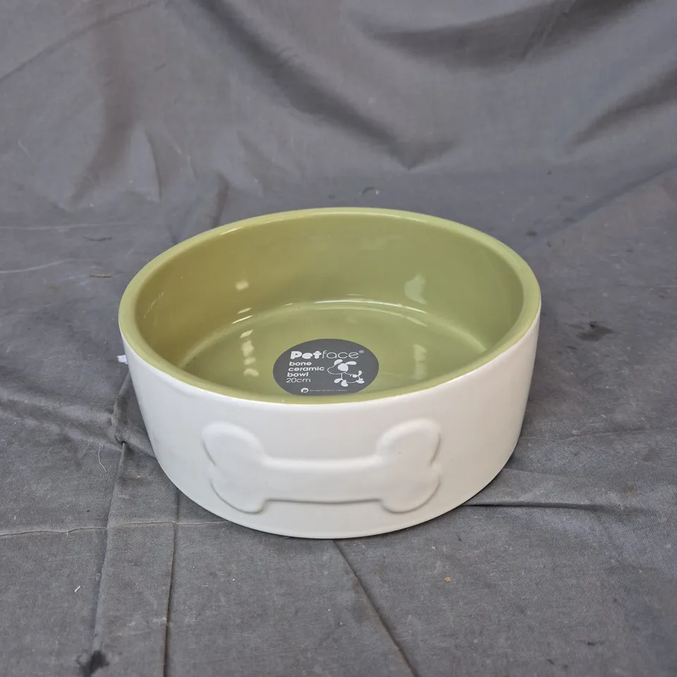PETFACE BONE CERAMIC BOWL, 20CM – WHITE WITH BONE MOTIF, PALE GREEN INTERIOR