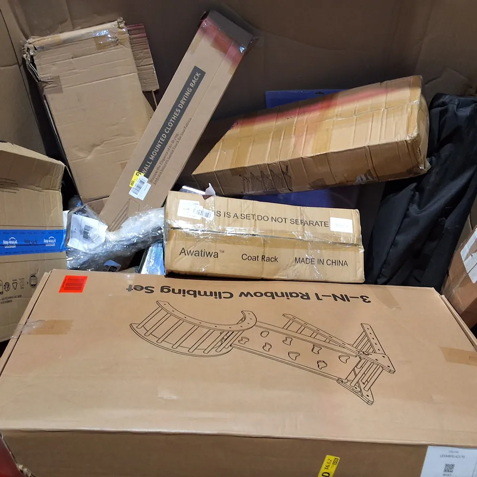 PALLET OF ASSORTED HOUSEHOLD ITEMS TO INCLUDE 3IN1 RAINBOW CLIMBING SET, IRONING BOARD AND MULTIPLE CLOTHES AIRERS