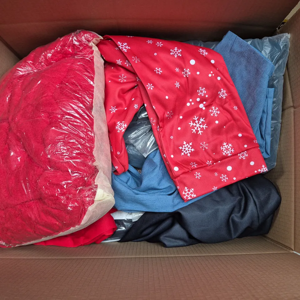 LARGE BOX OF ASSORTED CLOTHING ITEMS IN VARIOUS SIZES, STYLES AND COLOUR 