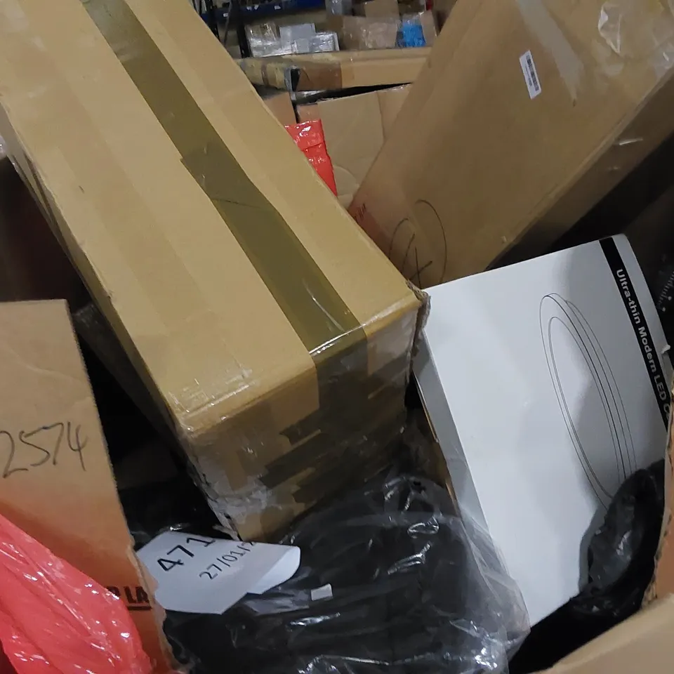 PALLET TO CONTAIN ASSORTED HOUSEHOLD ITEMS AND CONSUMER PRODUCTS. INCLUDING LED CEILING LIGHT, BACKPACK, BOXED FURNITURE ETC