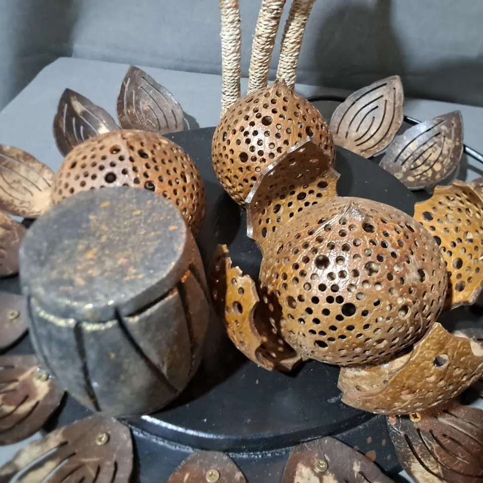 WOOD AND JUTE 3-LAMP 50CM COCONUT TREE TABLE LAMP WITH TRAY BASE