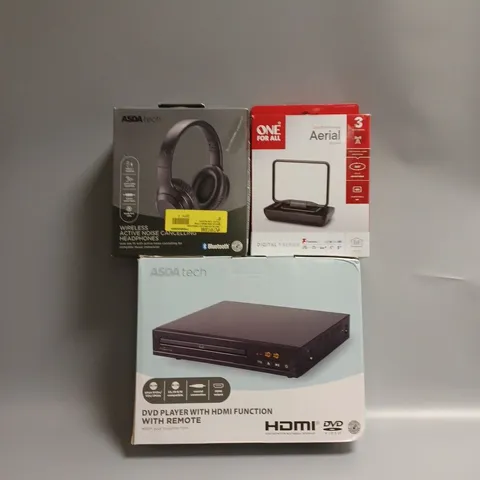 APPROXIMATELY 20 ASSORTED TECH PRODUCTS TO INCLUDE WIRELESS HEADPHONES, HDTV INDOOR AERIAL ANTENNA, DVD PLAYER