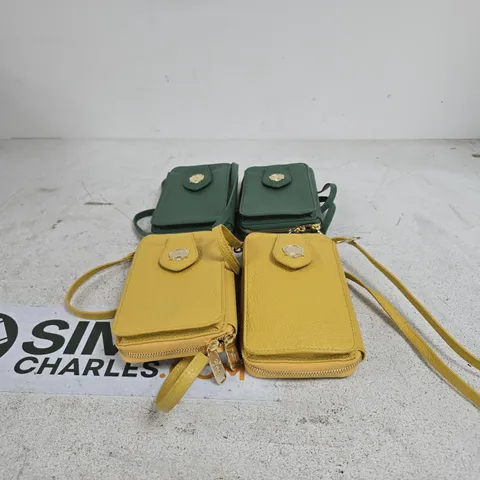 SET OF 4 PAUL COSTELLOE CREST DETAIL COMPACT LEATHER CROSSBODY GREEN + OCHRE