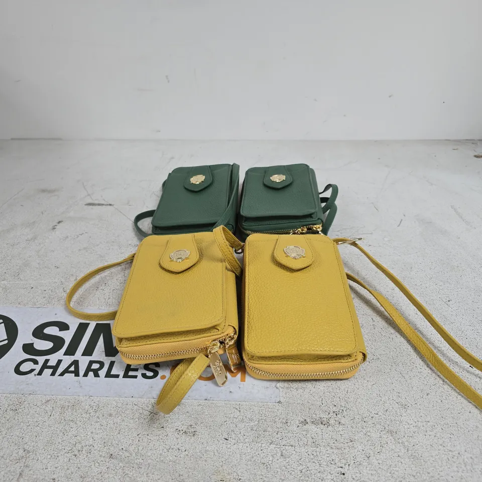 SET OF 4 PAUL COSTELLOE CREST DETAIL COMPACT LEATHER CROSSBODY GREEN + OCHRE