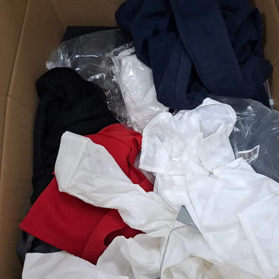 BOX OF ASSORTED CLOTHING ITEMS TOO INCLUDE JUMPERS, SHIRTS AND TROUSERS IN VARIOUS SIZES AND COLOURS   