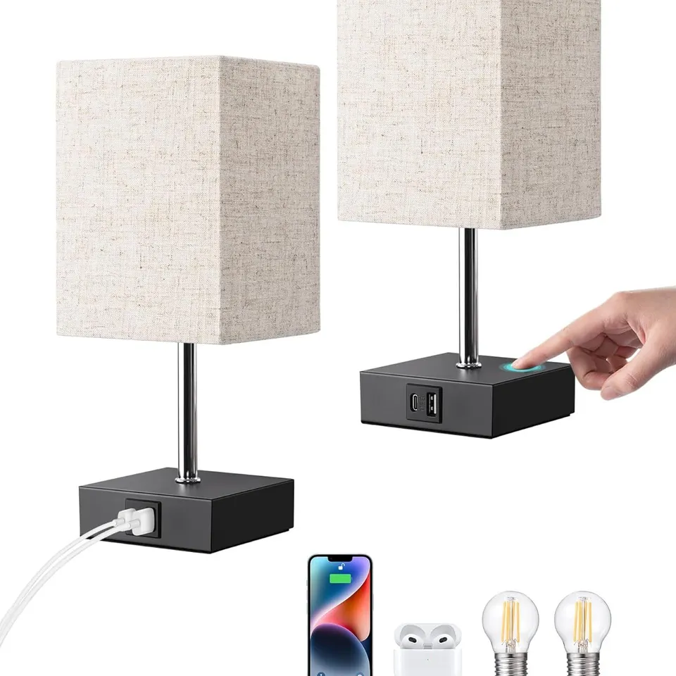 BOXED EDISHINE BEDSIDE LAMPS SET OF 2, 3 WAY DIMMABLE TABLE LAMP WITH USB A+C CHARGING PORTS, TOUCH LAMPS FOR BEDROOM