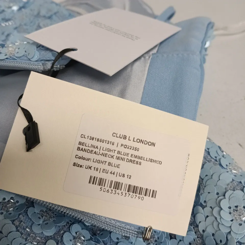  CLUB L LIGHT BLUE EMBELLISHED BANDEAU-NECK MINI DRESS - UK 18