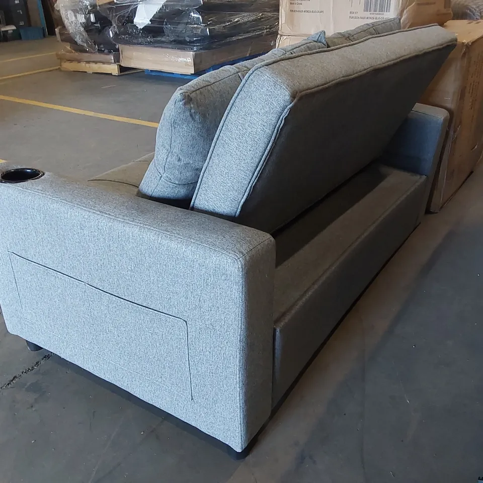 DESIGNER 2 SEATER SOFA BED WITH CUP HOLDERS - GREY FABRIC