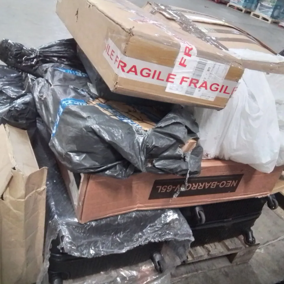 PALLET CONTAINING VARIOUS ITEMS SUCH AS; SUITCASE,WHEEL BARROW,IKEA DRAWS 