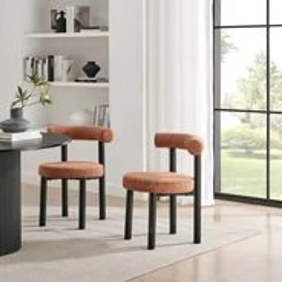 BOXED 2× ISOLA TERRACOTTA ORANGE FABRIC DINING CHAIRS BLACK LEGS