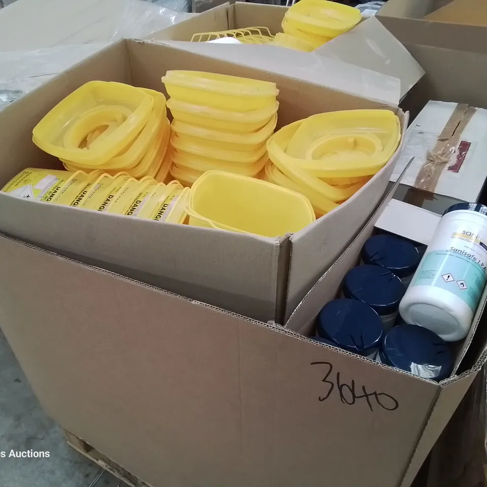 PALLET CONTAINING SHARPPAK 60 YELLOW HAZARDOUS WASTE BINS & APPROXIMATELY 14 CASES EACH CONTAINING 10 TUBS SANISAFE BACTERIAL WIPES 