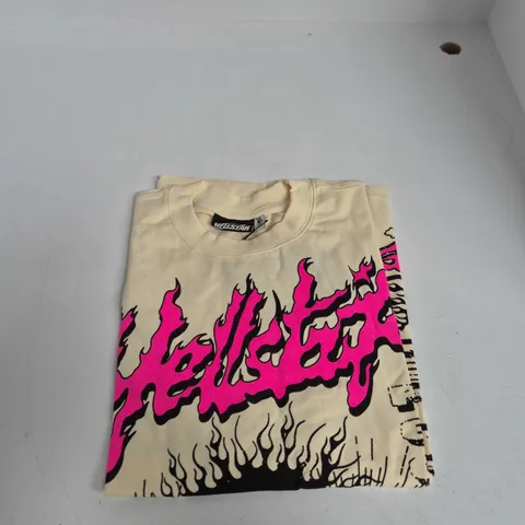 HELLSTAR CREAM GRAPHIC T-SHIRT WITH NEON PINK PRINT SIZE S