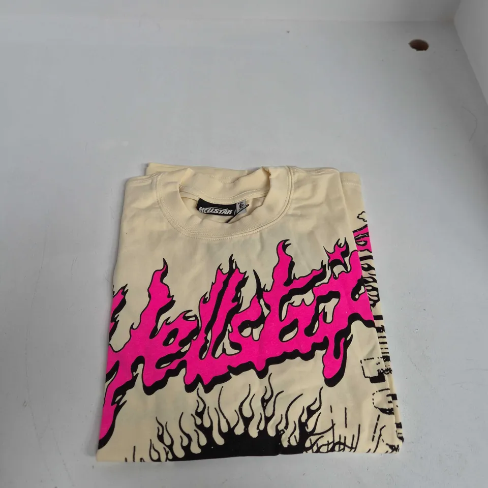 HELLSTAR CREAM GRAPHIC T-SHIRT WITH NEON PINK PRINT SIZE S