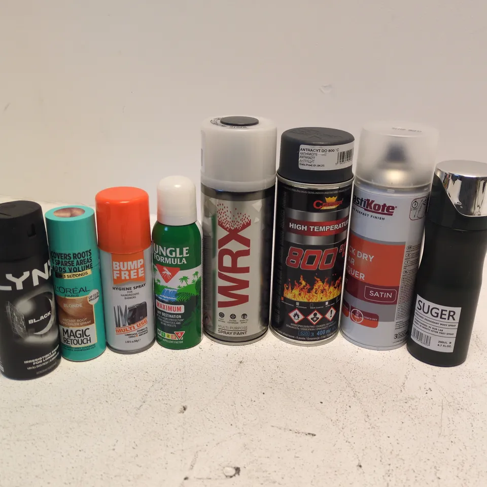 APPROXIMATELY 15 ASSORTED AEROSOLS TO INCLUDE LYNX BLACK, SUGER PERFUMED DEODORANT, PLASTICKOTE QUICK DRY CLEAR LACQUER, ETC - COLLECTION ONLY
