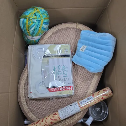 BOX OF APPROXIMATELY 15 ASSORTED HOUSEHOLD ITEMS TO INCLUDE WOOL, WRAPPING PAPER AND OLIVER BONAS