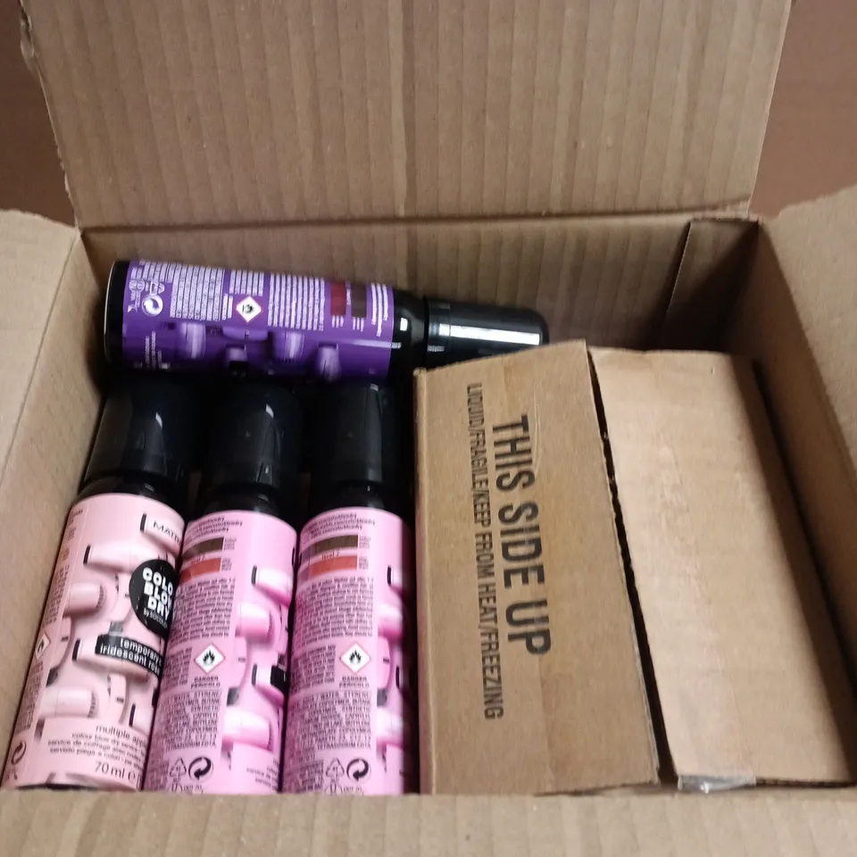 BOX OF APPROXIMATELY 40 MATRIX HAIRCARE PRODUCTS TO INCLUDE BRASS OFF PROTECTING CREAMS, TEMPORARY COLOUR SPRAYS AND VOLUME BOOSTERS