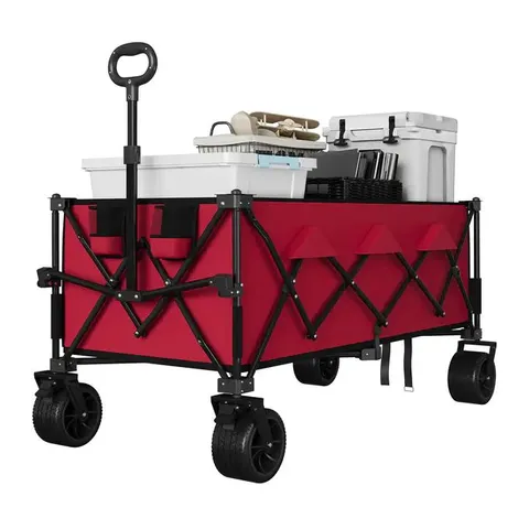 BOXED GARVEE FOLDING CAMPING WAGON HEAVY DUTY ALL TERRAIN UTILITY TROLLEY FOLDABLE GARDEN CART WITH BIG WHEELS SHOPPING BEACH TROLLEY HAND TRUCK RED