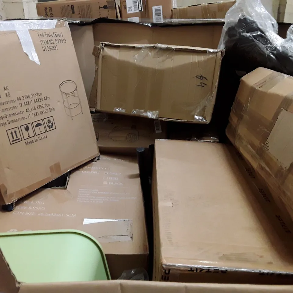 PALLET CONTAINING ASSORTED HOUSEHOLD PRODUCTS INCLUDING BLUE END TABLE, SELF-CLEANING CAT LITTER BOX, STEAM CLEANER & KIDS CAR SEAT