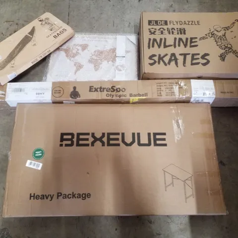 PALLET CONTAINING ASSORTED PRODUCTS INCLUDING SKATEBOARD BAGS, OLYMPIC BARBELL, INLINE SKATES, CORK TRAVEL MAP & FOLDING TABLE