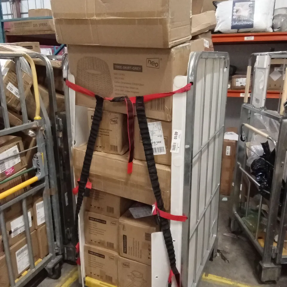 CAGE OF ASSORTED CHRISTMAS PRODUCTS TO INCLUDE; A LARGE NUMBER OF CHRISTMAS TREE STANDS AND TREE SKIRTS