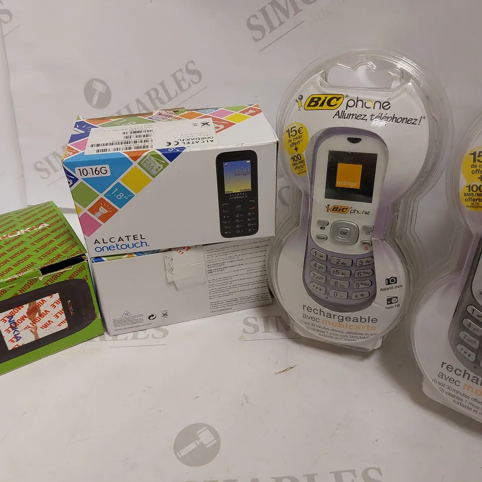 LOT OF 5 MOBILE PHONES INCLUDING 2 ALCATEL ONETOUCH, NOKIA 1616, 2 BIC PHONE