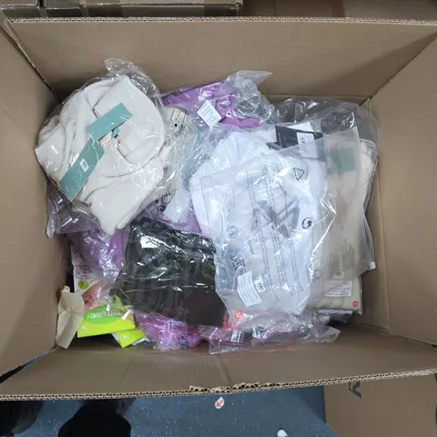 BOX OF APPROXIMATELY 25 ASSORTED CLOTHING ITEMS TO INCLUDE: LA MAREY CREAM GILET
