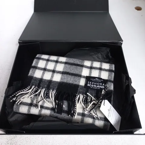 LOCHCARRON SCOTLAND WOOL SCARF – BLACK & WHITE CHECK