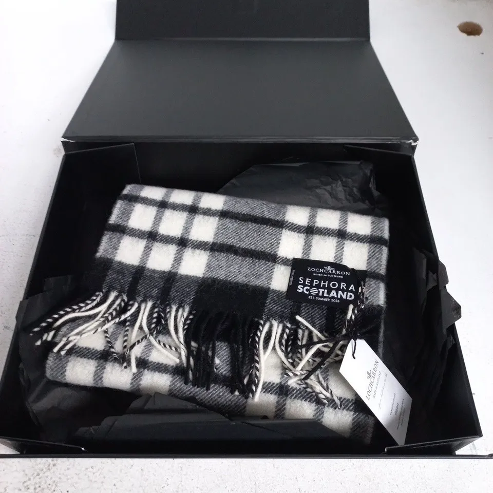 LOCHCARRON SCOTLAND WOOL SCARF – BLACK & WHITE CHECK