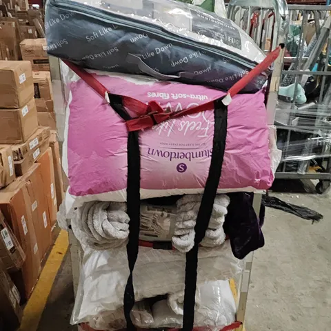 CAGE OF ASSORTED HOME FABRIC ITEMS TO INCLUDE PILLOWS, THROWS AND DUVETS