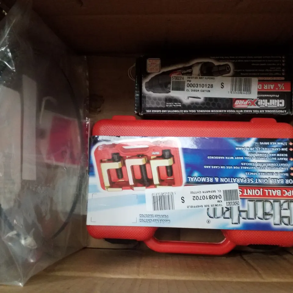 BOX CONTAINING 3 SCRAP ITEMS INCLUDING 3 PIECE BALL JOINT SEPARATOR SET, 1575MM BANDSAW BLADE & PROFESSIONAL ¼" AIR DIE GRINDER 