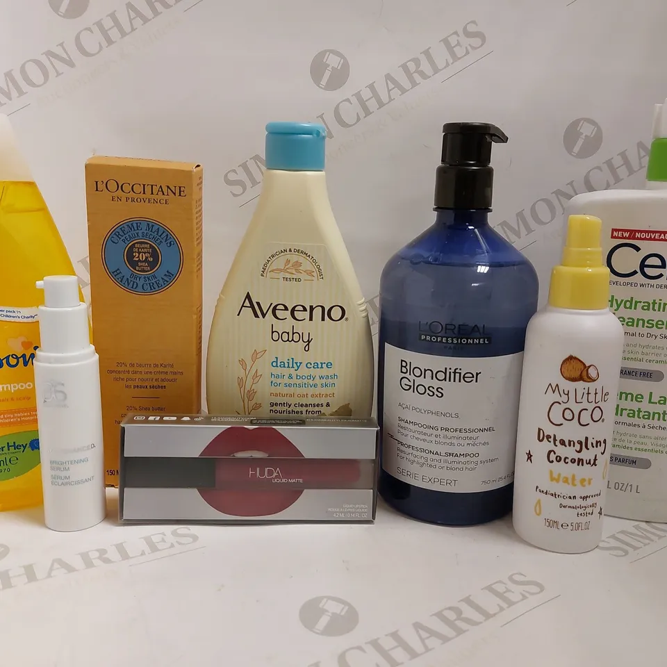 BOX OF APPROX 15 COSMETIC ITEMS TO INCLUDE CERAVE HYDRATING CLEANSER, AVEENO BABY HAIR AND BODY WASH, HUDABEAUTY LIQUID MATTE LIPSTICK