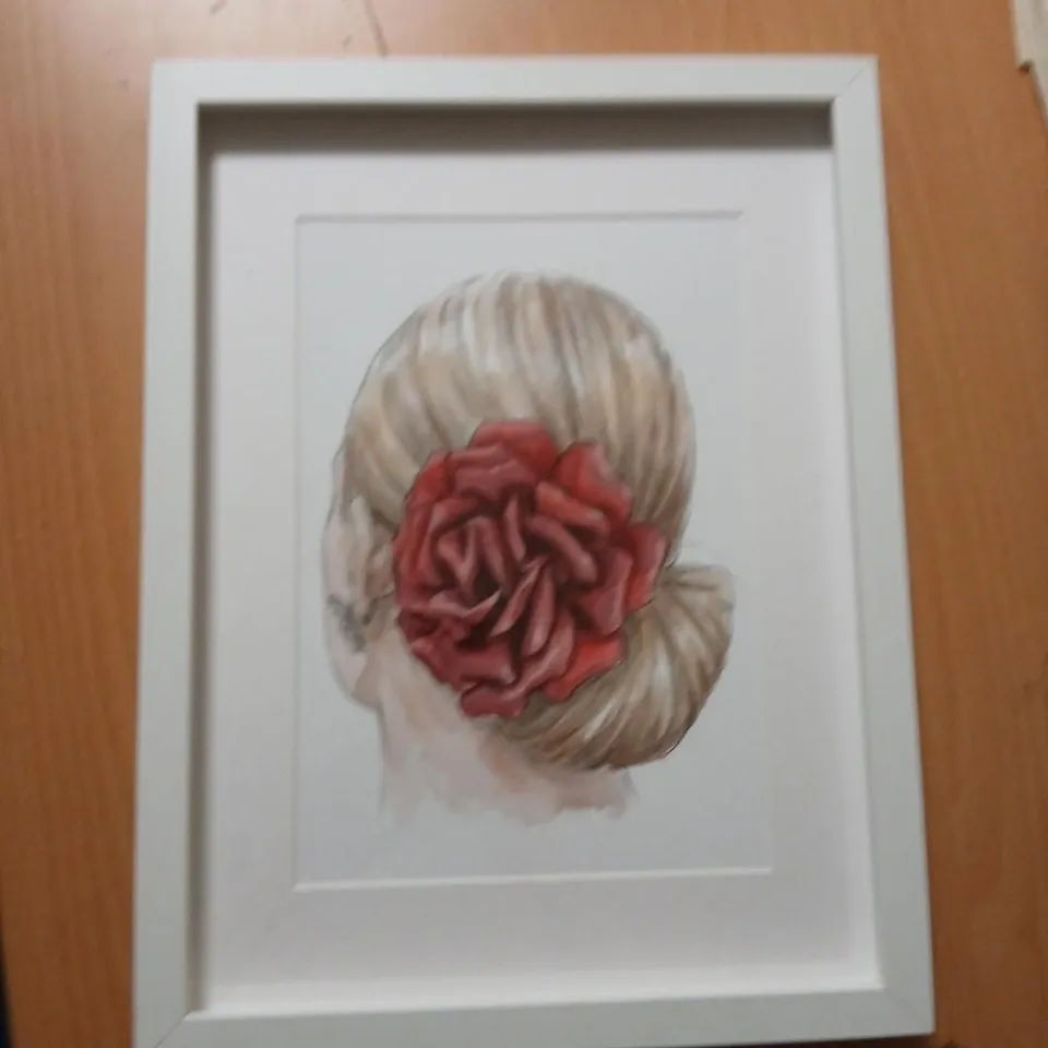 FRAMED ARTWORK – BLONDE WOMAN WITH RED FLOWER IN HAIR