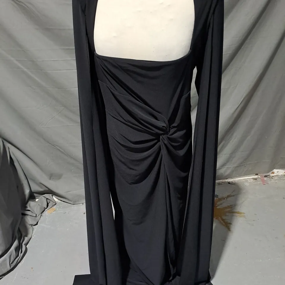 CLUB LONDON PADDED SHOULDER SQUARE NECK TWISTED MAXI DRESS WITH CAPE SLEEVES IN BLACK SIZE 18