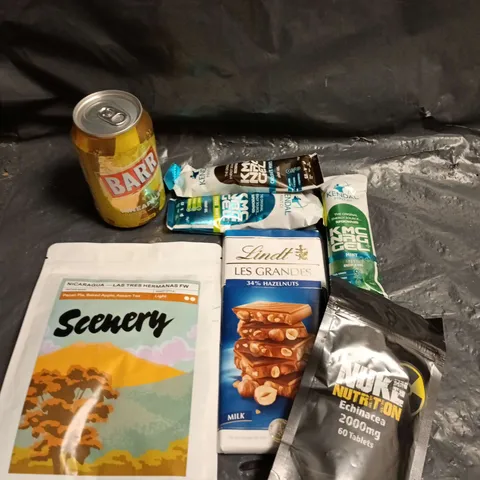 APPROXIMATELY 10 ASSORTED FOOD/DRINK PRODUCTS TO INCLUDE LINDT CHOCOLATE, KENDAL ENERGY ENERGY GEL, SCENERY COFFEE ETC 