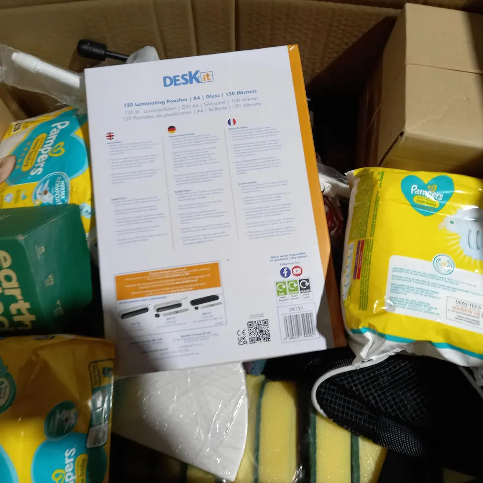 BOX OF APPROXIMATELY 10 ASSORTED ITEMS TO INCLUDE - DESK IT LAMIATING POUCHES - PAMPERS NEW BABY - CLING FILM REFILL ECT 
