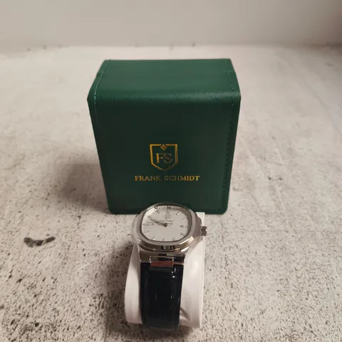FRANK SCHMIDT FS WRISTWATCH WITH WHITE DIAL, STAINLESS STEEL CASE & BLACK LEATHER STRAP – BOXED