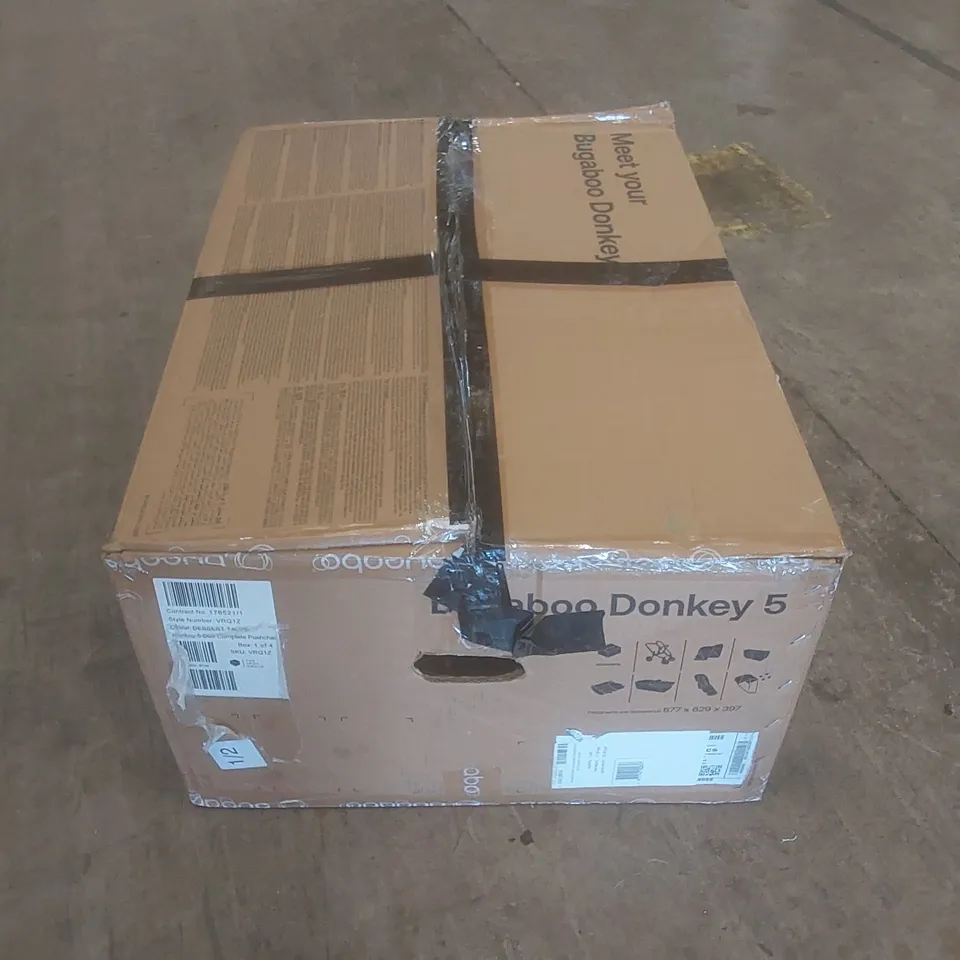 BOXED BUGABOO DONKEY 5 STROLLER - INCOMPLETE (BOX 1 OF 2 ONLY, BOX 2 OF 2 MISSING)