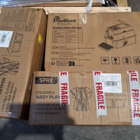 PALLET OF ASSORTED HOUSEHOLD ITEMS TO INCLUDE FOLDABLE BABY PLAYPEN, STAINLESS STEEL LITTER BOX AND ERGONOMIC DESK CHAIR