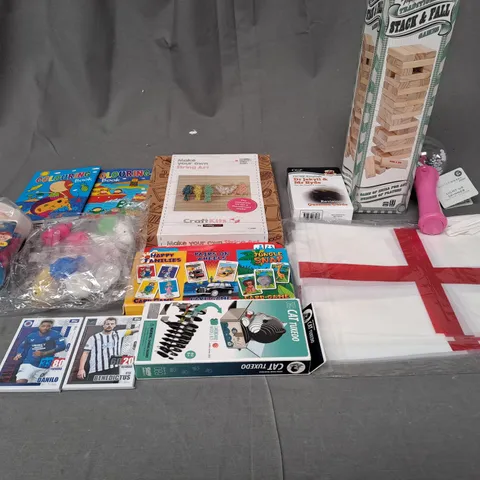 BOX OF ASSORTED TOYS AND GAMES TO INCLUDE JENGA, CARD GAMES AND COLOURING BOOKS