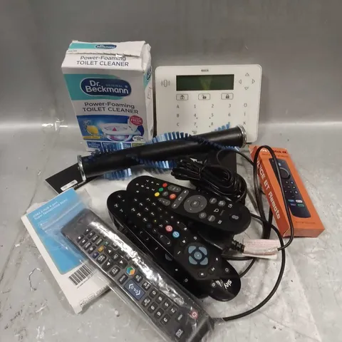 APPROXIMATELY 12 ASSORTED HOUSEHOLD ITEMS TO INCLUDE - TV REMOTES - CABLES - DR BECKMANN POWER-FOAMING TOILET CLEANER  - ETC