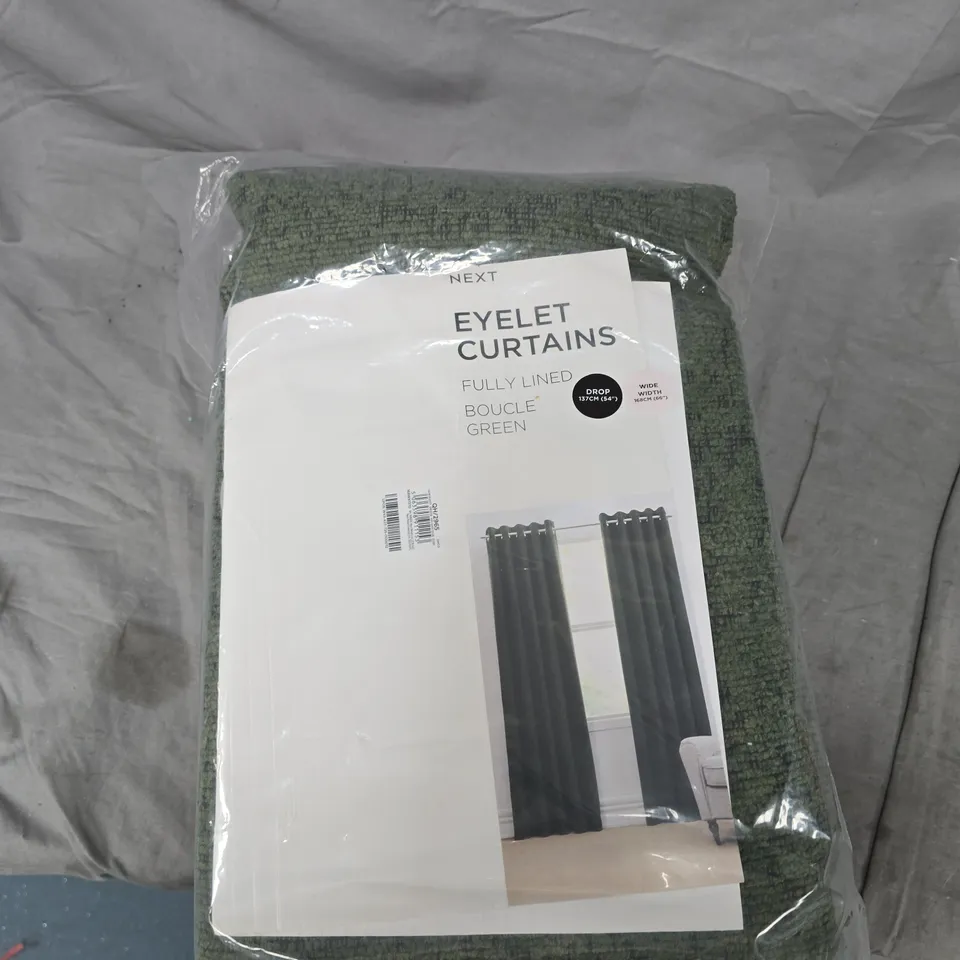 NEXT EYELET CURTAINS – FULLY LINED BOUCLE GREEN