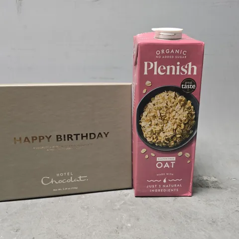 APPROXIMATELY 6 ASSORTED FOOD & DRINK ITEMS TO INCLUDE - ORGANIC PLENISH OAT , HOTEL CHOCOLAT HAPPY BIRTHDAY