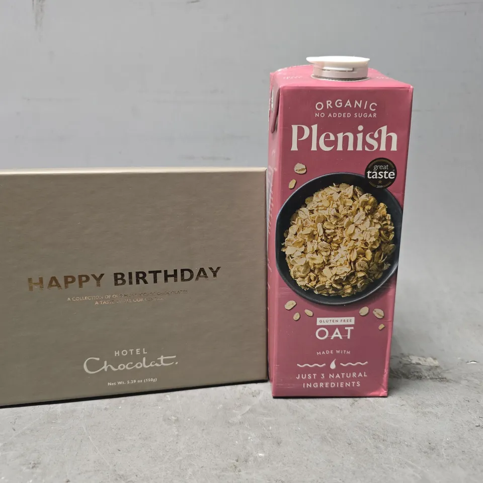 APPROXIMATELY 6 ASSORTED FOOD & DRINK ITEMS TO INCLUDE - ORGANIC PLENISH OAT , HOTEL CHOCOLAT HAPPY BIRTHDAY