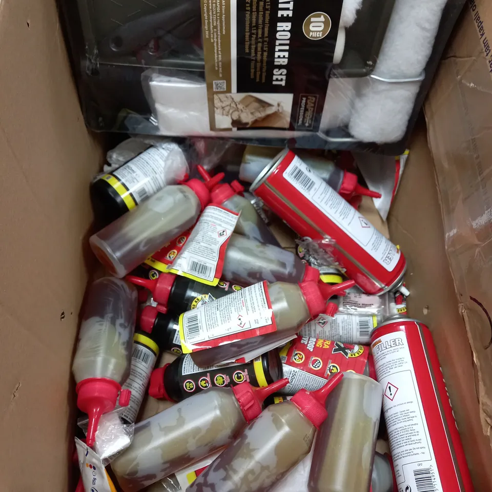 BOX OF APPROXIMATELY 20 ASSORTED ITEMS TO INCLUDE SPRAY PAINT, WOOD ADHESIVE, GORILLA FILLER ETC